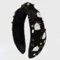 Black knotted fabric headband with white ghost charms and sparkling rhinestones for Halloween. - Black