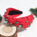 Christmas rhinestone knotted headband detail, red fabric with pearls and holiday gems. - Pearl Rhinestone Red