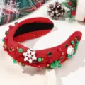 Christmas Red Knotted Headband with Snowflake Rhinestone Pearls Festive Hair Hoop - Snowman Snowflake Red