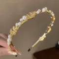 Diadema dorada hojas perlas elegante dulce accesorio cabello mujer estilo moda diaria chic - Hojas de Perlas Grandes y Pequeñas
