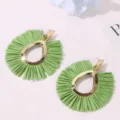 Bohemian green raffia teardrop stud earrings with gold metal rim for summer beach and daily wear. - Green Waterdrop