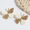 Bohemian straw woven butterfly stud earrings, gold metal frame, natural forest style jewelry. - Off-white Butterfly