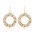 Bohemian round woven rattan straw drop earrings with gold tone hooks for women summer beach. - Off-white Woven Hoop Earrings