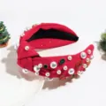 Red knotted headband detail featuring faux pearls and sparkling colorful rhinestones for styling. - Pearl Rhinestone Red