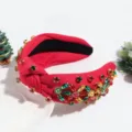 Christmas red knotted headband detailed with colorful rhinestones, pearls and festive crystal decor. - Rhinestone Floral Red