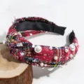 Serre-tête noué de Noël à carreaux rouges avec perles d'imitation et strass scintillants. - Perle Strass Rouge Noir