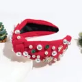 Weihnachten roter Knoten Haarreif Detail mit Perlen Strasssteinen und festlichen Anhaengern. - Künstliche Perle Schneemann Rot