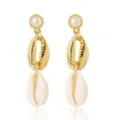 Elegant gold-plated cowrie shell earrings with white pearl studs for women vacation style. - Double Conch Rhinestone Drop Earrings