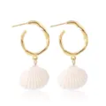 Gold irregular metal hoop earrings with natural white shell pendant for daily wear - Round Shell Drop Earrings