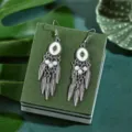 Vintage bohemian feather tassel drop earrings with white beads, elegant forest style jewelry for women. - Silver Feather Tassel Drop Earrings
