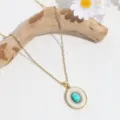 Elegant turquoise oval rhinestone pendant necklace detailed view, minimalist clavicle chain. - Gold Round Turquoise