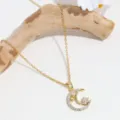 Gold crescent moon and star rhinestone pendant clavicle chain elegant necklace jewelry - Gold Moon and Star