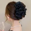 Elegant mesh flower hair claw clip with sparkly rhinestones chic women hair accessory - Black Bubble Bow