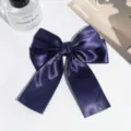 Dark blue satin bow hair clip with long ribbons, an elegant vintage hair barrette. - Navy Blue