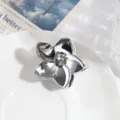 Close-up van een stijlvolle zilveren metalen bloem haarclip op een wit bordje. - Zilveren Spiraalbloem