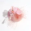 Close-up of pink mesh feather fascinator hair clip detail, elegant party headwear texture view. - Feather Flower Style / Pink
