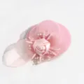 Pink mesh fascinator hair clip with satin rose and pearls for elegant vintage party wear. - Flower Style / Pink