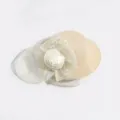 Elegant mesh fascinator detail, showcasing a satin rose flower and delicate pearl accents. - Flower Style / Off White