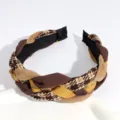 Stylish braided headband with mixed velvet and houndstooth fabrics, elegant hair accessory for women. - Coffee Braided Style