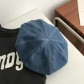 Korean style denim blue beret hat for women, vintage painter cap with stitching details for spring. - Plain - Denim Blue