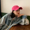 Pink washed baseball cap for women, retro casual denim hat with curved brim, stylish streetwear. - Adjustable / Main Image Color