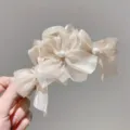 Elegant organza bow hair claw clip with pearl accents, perfect for women's daily hair styling. - Beige Bow Pearl