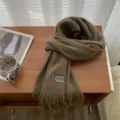 Brown knitted scarf for women, cozy winter tassel long scarf, stylish warm neck wrap. - Dark Khaki