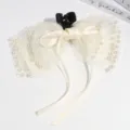 Elegant white mesh bow hair claw clip with pearl decorations and ribbon for women. - Cream Mesh Pearl Ribbon