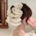 Beige mesh flower hair claw clip with rhinestones, elegant hair accessory for women. - Beige Bubble Bow