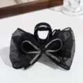 Elegant black mesh rhinestone hair claw clip for women, sparkling bow shark clip hair accessory. - Black Mesh Bowknot