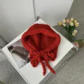 Korean style solid red knitted hooded hat winter warm balaclava with braided tie - L (58-60cm) / Red