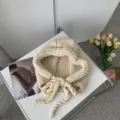 Beige knitted drawstring balaclava ear-flap warm winter hat for women daily wear styling - L (58-60cm) / Beige