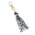 Black and white leopard print PU leather tassel keychain with gold hardware for bags and keys. - White Leopard