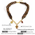 Vintage leopard print scarf necklace with stainless steel cross and moon charm pendants - Sun Moon Vintage Cross Necklace (XL32027)
