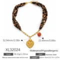 Leopard print scarf necklace with golden heart pendant made of waterproof stainless steel - Sacred Heart Portrait Beaded Necklace (XL32024)