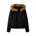Women's stylish black short jacket with large detachable brown faux fur collar hood - S / Tops / Black