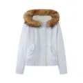 White women's short denim jacket featuring a large detachable brown faux fur collar - S / Tops / White