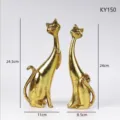 Pair of abstract golden cat figurines with dimension annotations for home decor - Abstract Long Neck Cat (KY150) / Gold