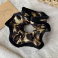 Large leopard print satin hair scrunchie with elegant black velvet edge for women - Brown Leopard Print (27700A) / Yellow Brown Black Glossy Satin Black Edge