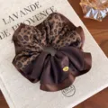 Premium leopard print scrunchie hair tie with handmade gold tag for elegant ponytails - Double Patchwork Edged Style (27772B) / Dark Brown Leopard Patchwork