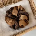 Leopard print and metallic bronze satin silk scrunchie for stylish women's hair accessories - Spicy Girl Style Patchwork Style (28571A) / Coffee Leopard with Bronze Patchwork