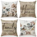 Set van 4 herfst decoratieve kussenslopen met bloemen vogel en familie citaten - Aardetinten Bloemen en Vogel (FP027) / Set van 4 (45*45cm)