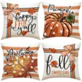 Set van 4 decoratieve herfst kussenslopen voor Thanksgiving met pompoen en esdoornblad - Happy Fall Handgeschilderde Pompoen (YMF4) / Set van 4 (45*45cm)