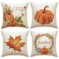 Set van 4 herfst Thanksgiving kussenslopen met pompoen en esdoornblad design - Dankbare Pompoen Krans Stijl (YMG6) / Set van 4 (45*45cm)