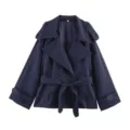 Front view of a stylish navy blue women's short trench coat with lapel and waist belt - S / Tops / Navy Blue