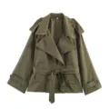 Stylish olive green short trench coat featuring wide lapels and a belted waist detail. - S / Tops / Army Green