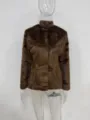 Elegant dark brown faux fur jacket with stand collar for autumn and winter warmth - S / Tops / Solid Dark Brown