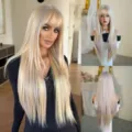 Fashionable extra long straight blonde synthetic wig with purple highlights and bangs - Bubble Yellow Highlights (Party) 81cm