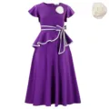 Purple short sleeve midi dress with ruffles and a waist bow tie decoration - S / Purple with Flower