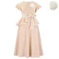 Elegant beige short sleeve peplum midi dress featuring white piping and a waist bow belt - S / Apricot with Flower